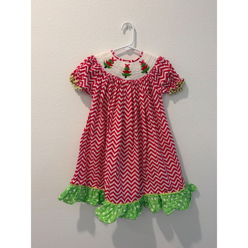 Girls Size 3 Christmas Tree Smocked Bishop Dress Chevron Ruffle Red